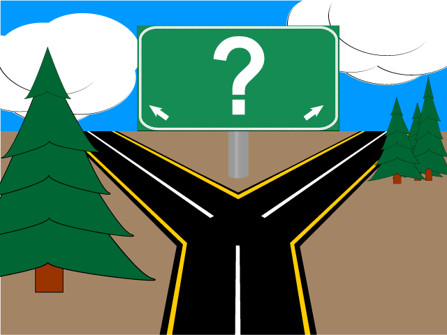 The road spitting into 2, with a ? on a green sign