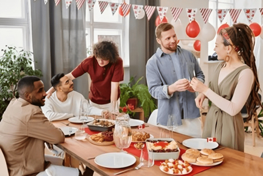 The group of 5 around a table