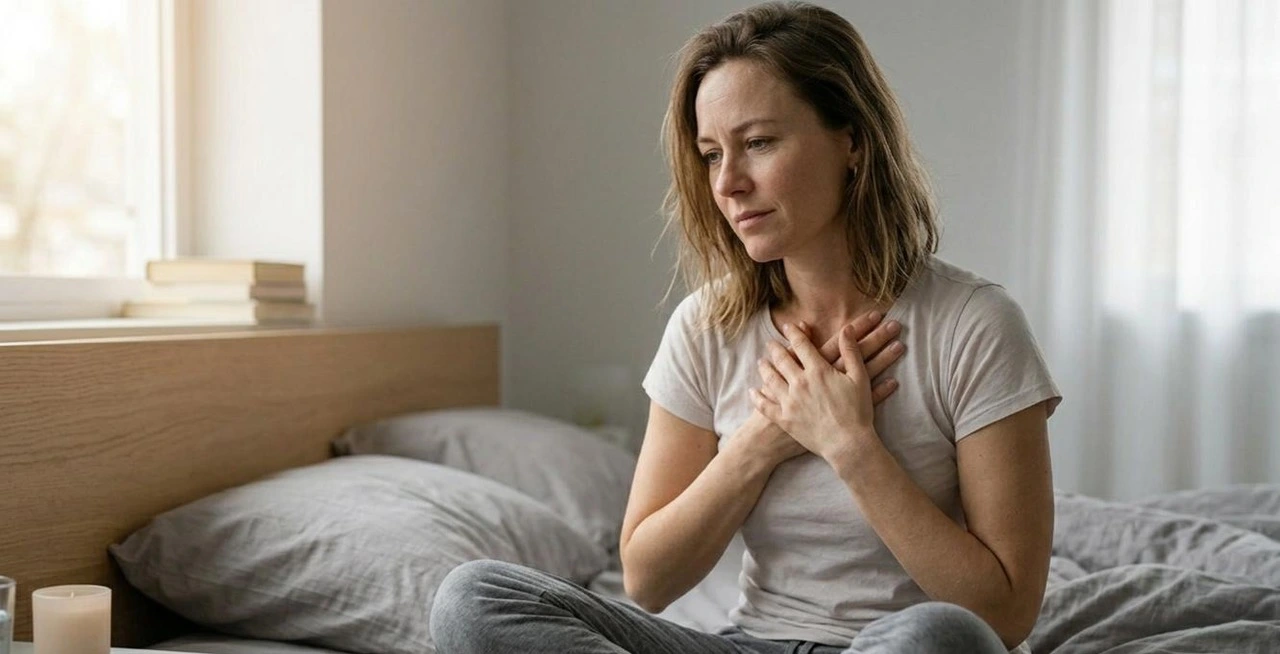 photo of the woman in beds with her hands on her chest