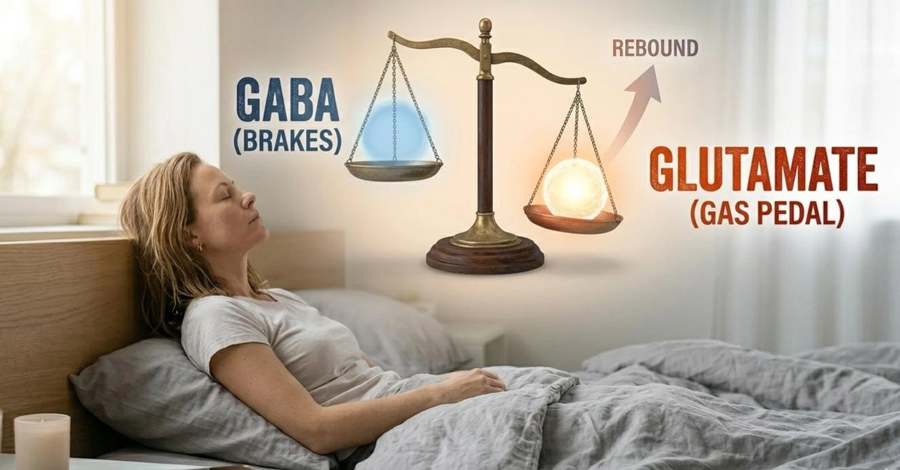 photo of the woman in bed with the graphic of the GABA-Glutimate scale