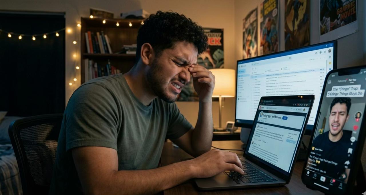 Young man rubbing his eyes in frustration at his desk surrounded by a laptop, monitor, and phone showing social media content