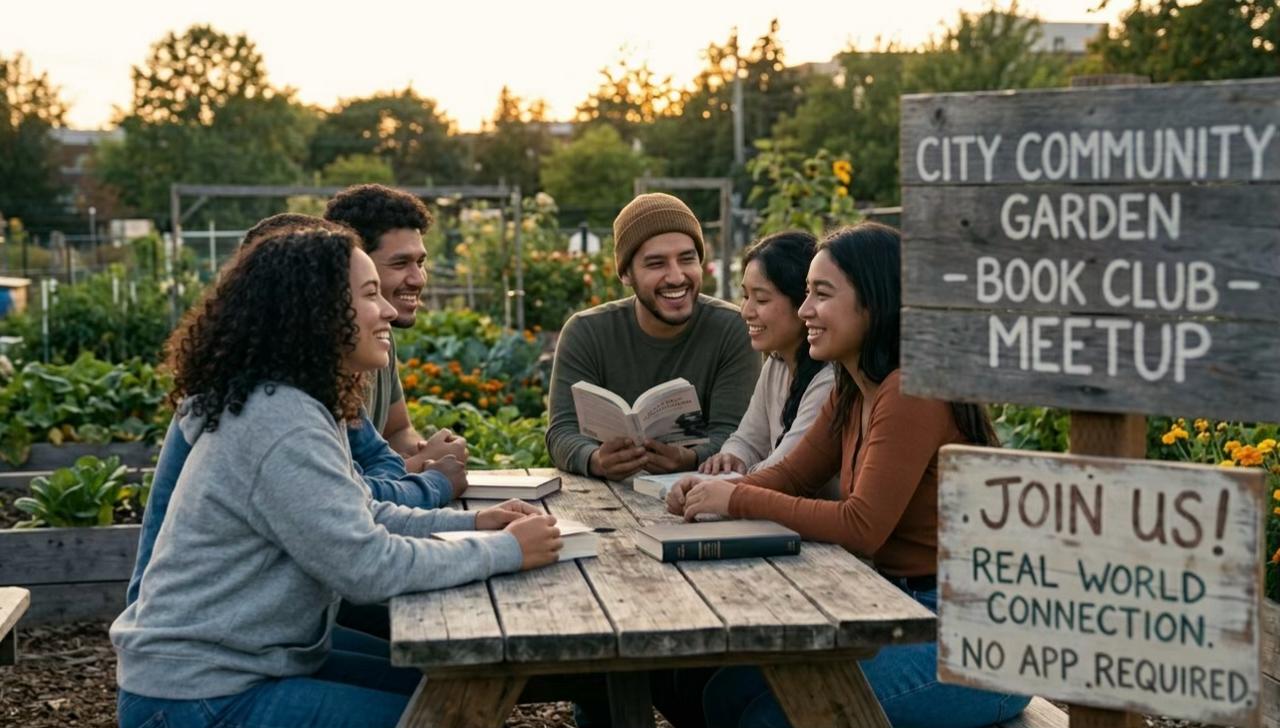 Group of friends laughing and reading together at a wooden table beside a 