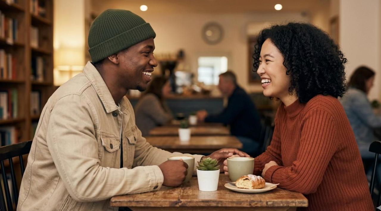 Smiling couple holding hands across a table while having coffee and pastries at a cozy café