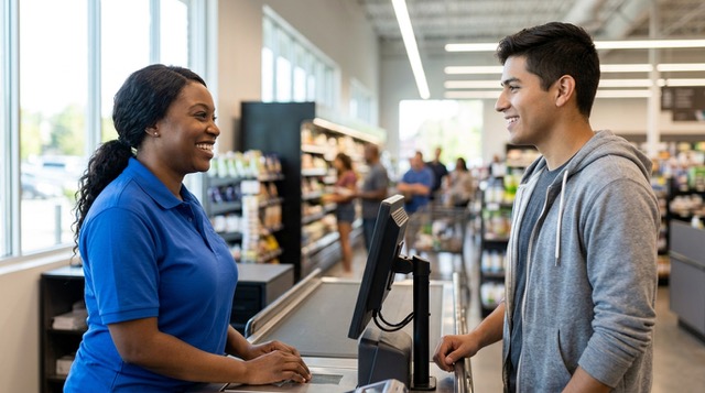 the photo of the white man talking to a black woman at a counter