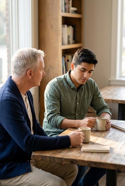 the photo of the two men drinking coffee at a table