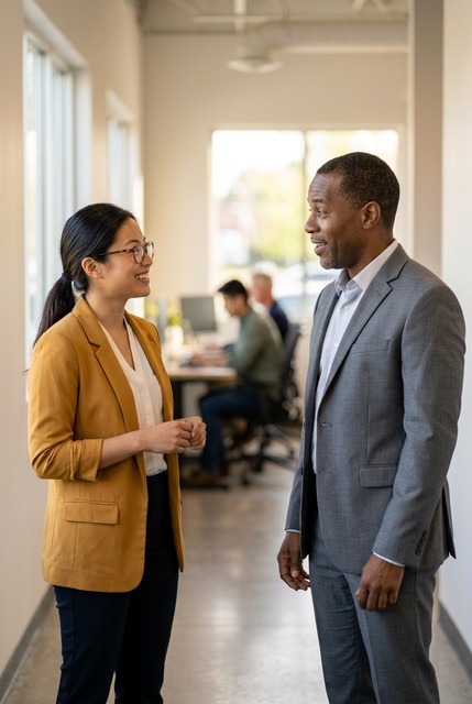 the photo of the Asian woman talking to a black man in a hallway